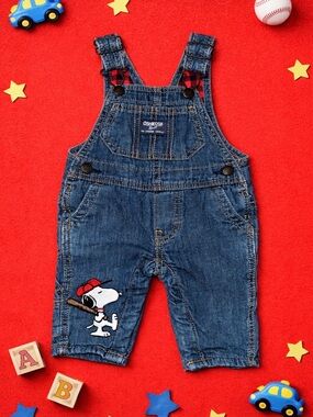 OshKosh B'gosh Dark Blue Denim Kids Overalls with Snoopy Embroidery